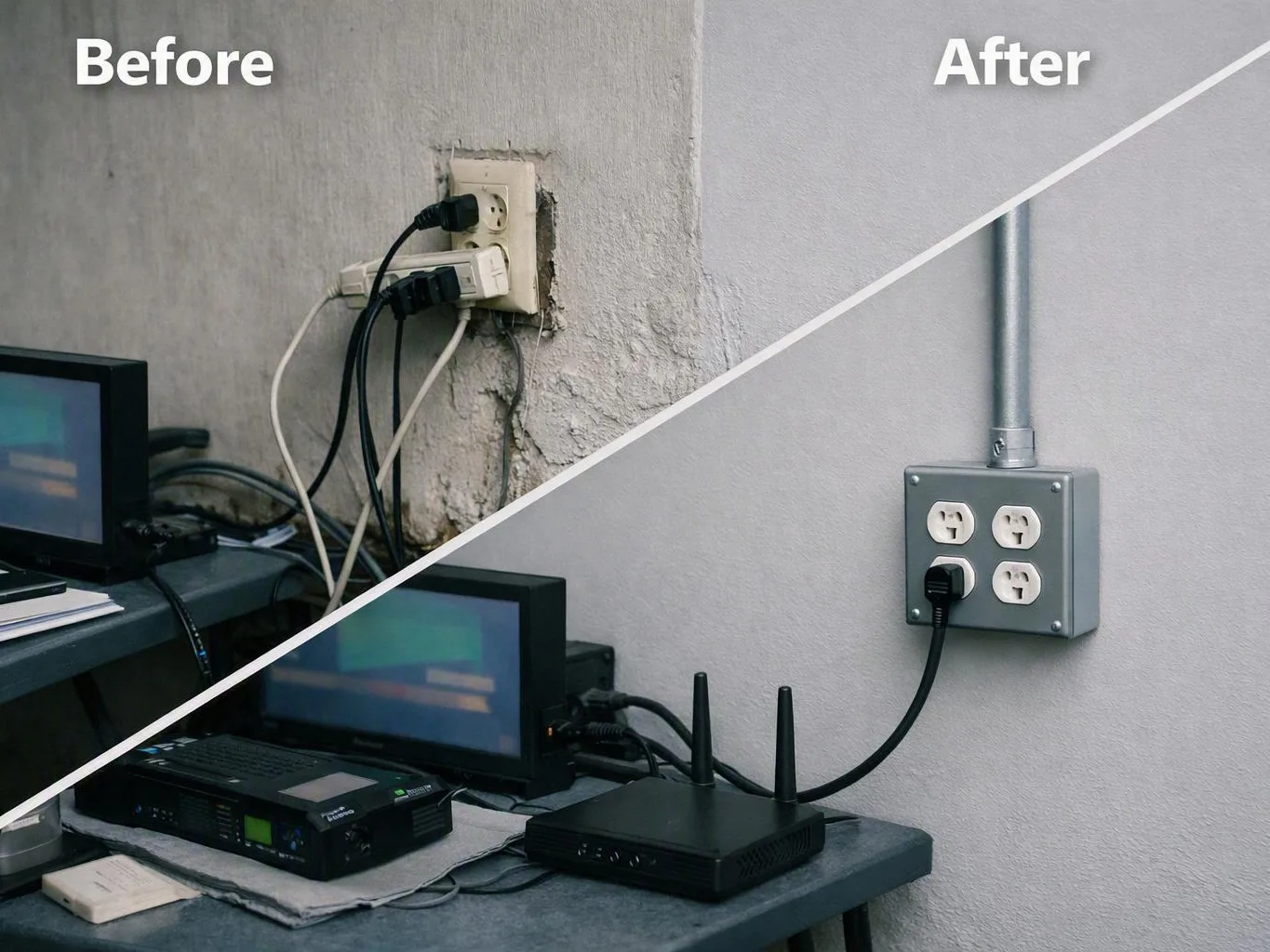 Messy wall outlet with tangled cords beside a neat metal outlet box