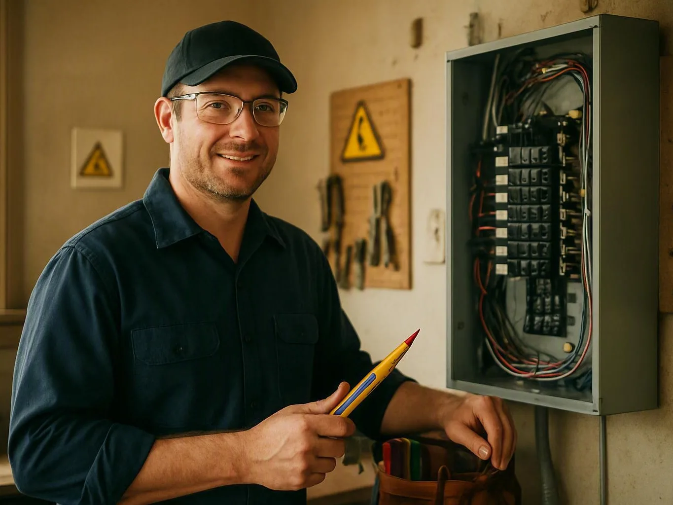 Electrician holding a yellow test pencil beside an open circuit panel