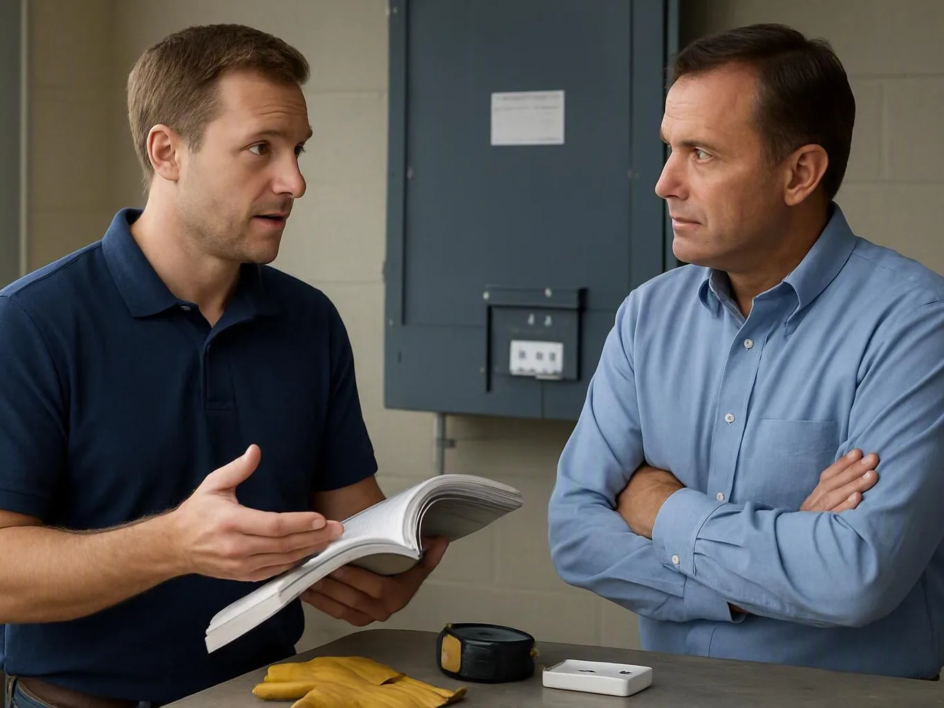 Two men review an electrical manual together in a utility room
