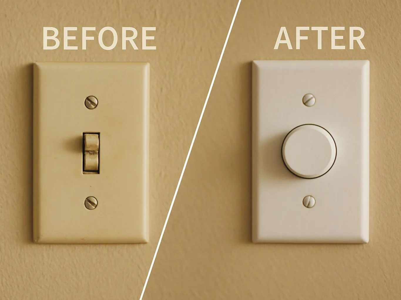 Split view compares a beige light switch with a white dimmer switch