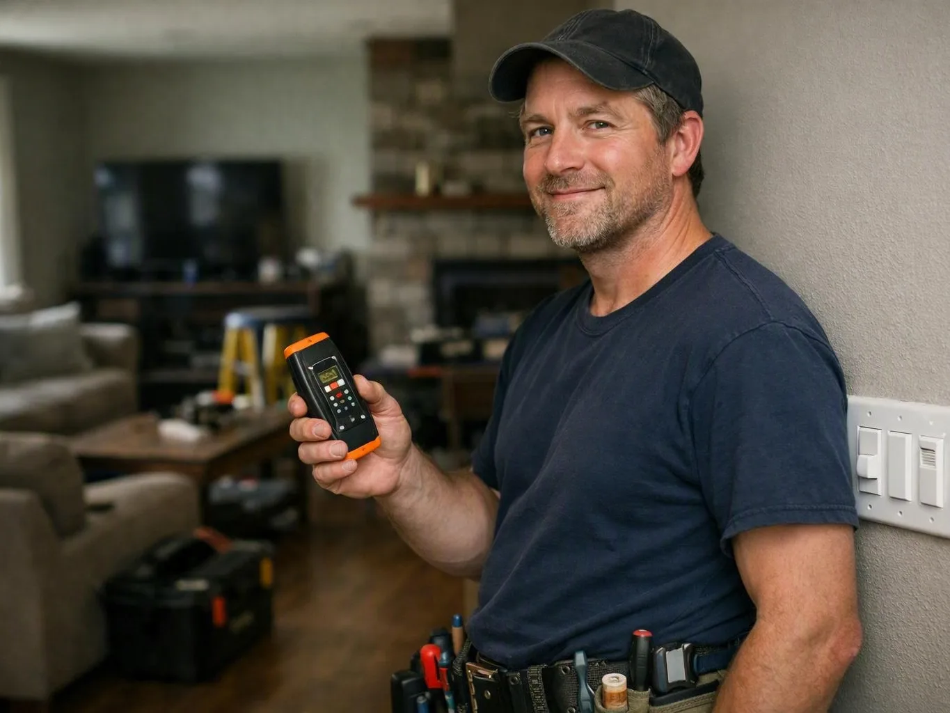 Smiling electrician checks a wall switch with a handheld meter indoors