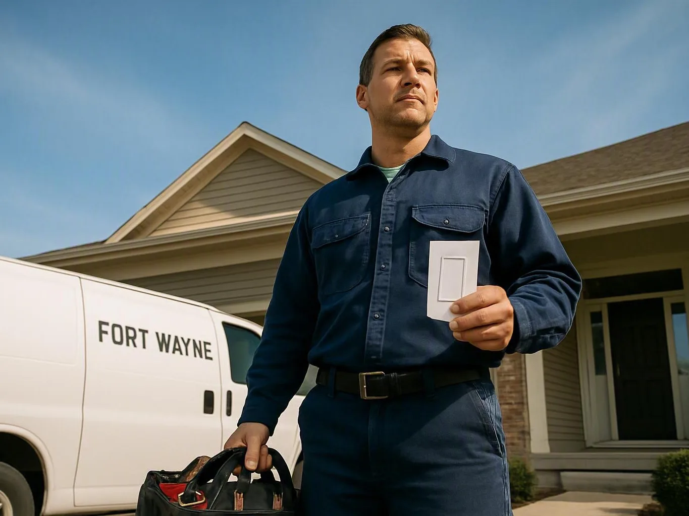 Electrician holds a light switch plate beside a white service van outside