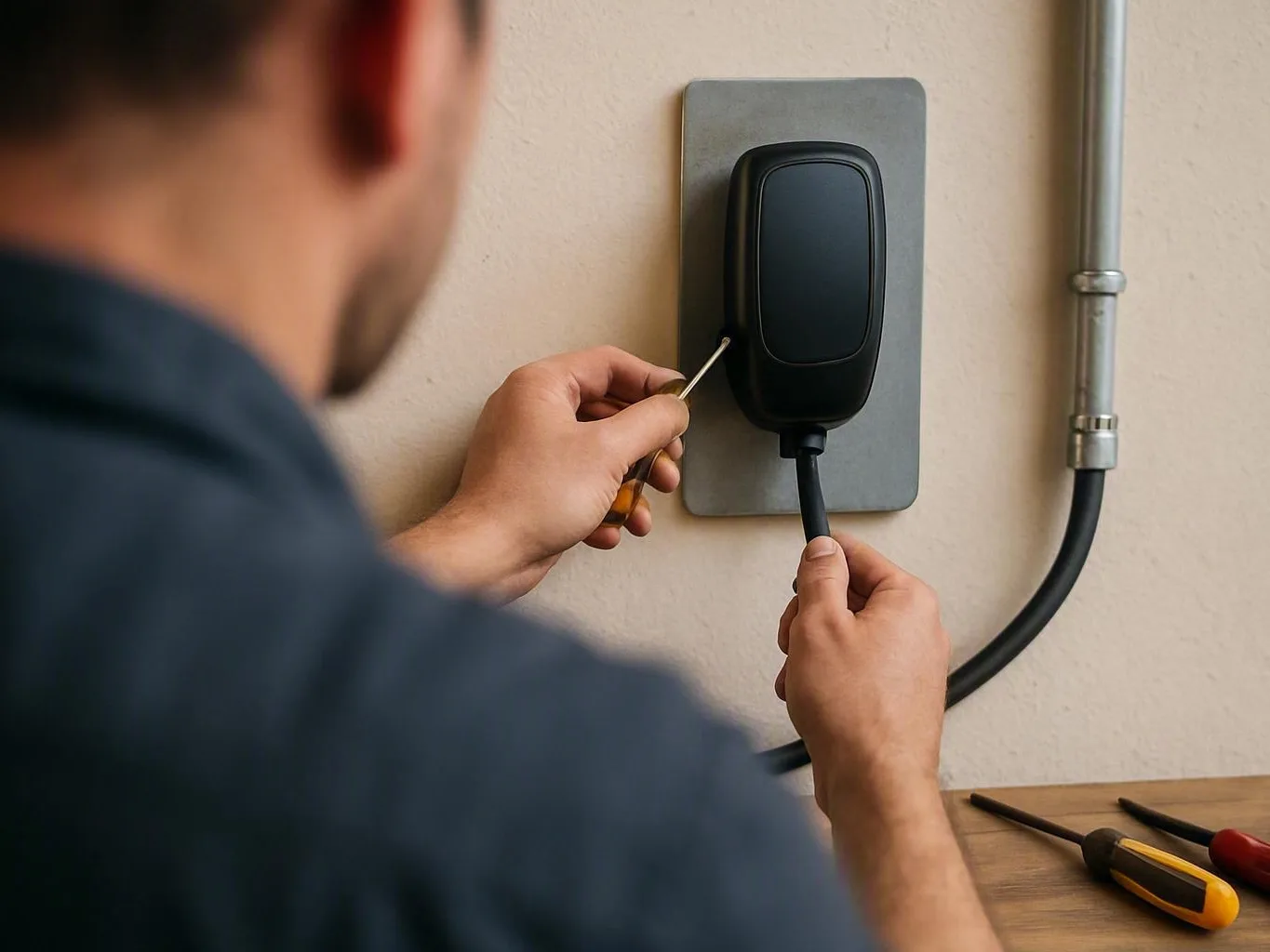 Technician using a screwdriver on a wall-mounted device with exposed electrical