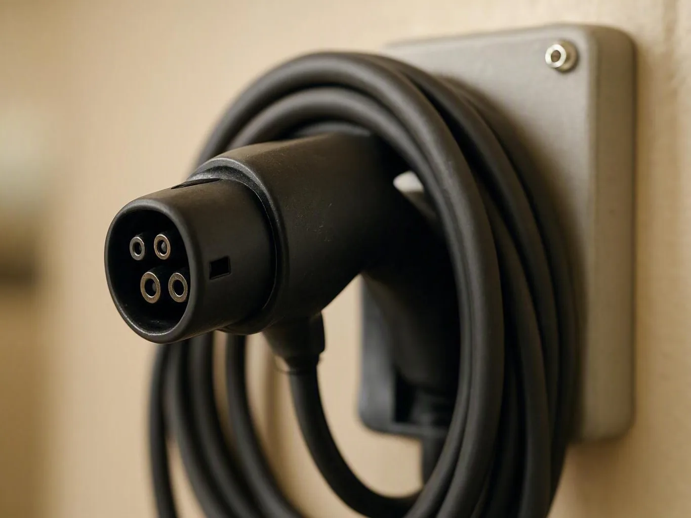 Coiled electric vehicle charging cable hanging from a wall-mounted connector