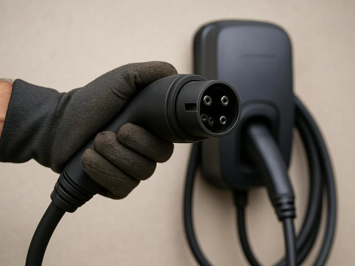 Gloved hand holding an electric vehicle charging plug near a wall-mounted