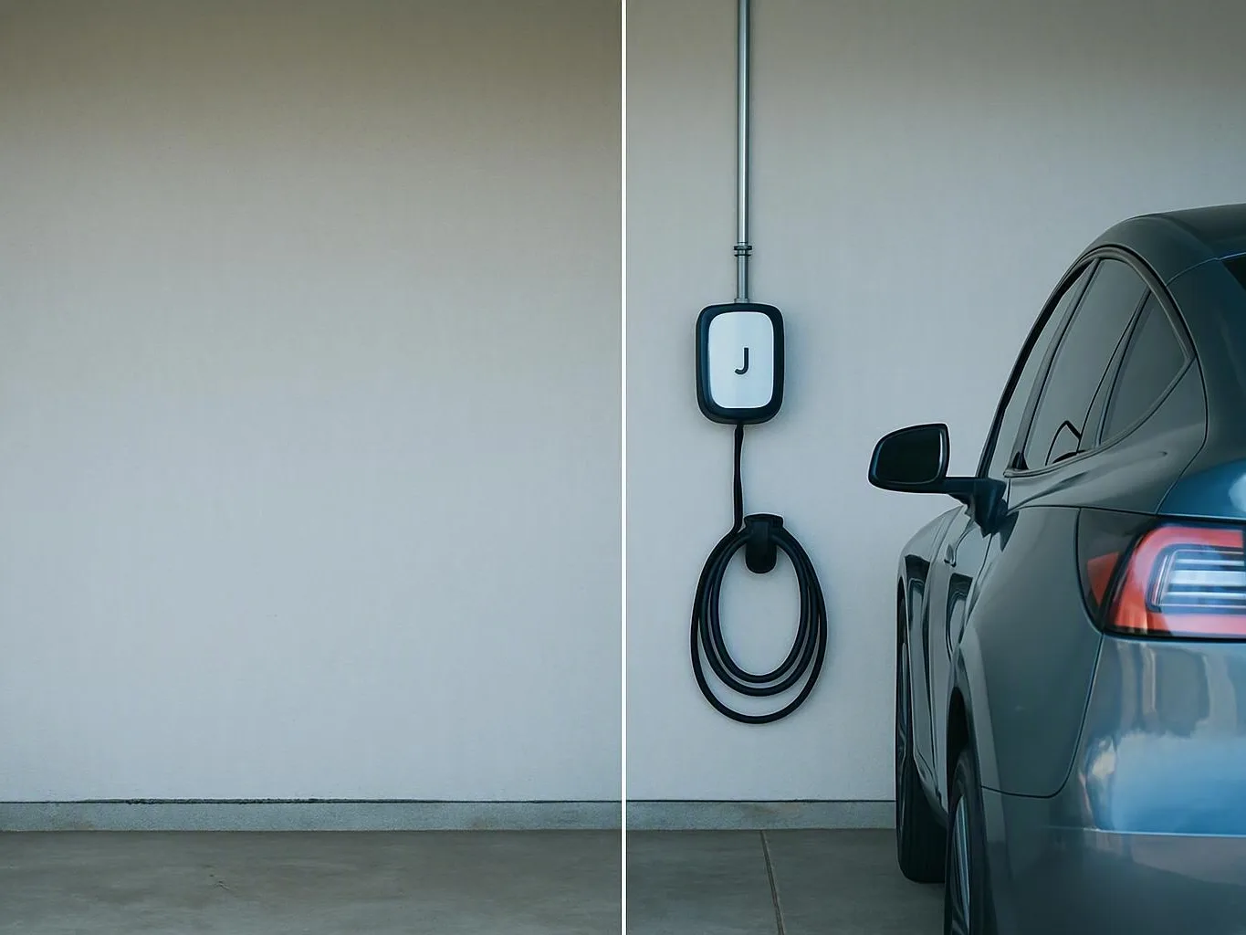 Dark electric car parked beside a wall-mounted charging station in a garage