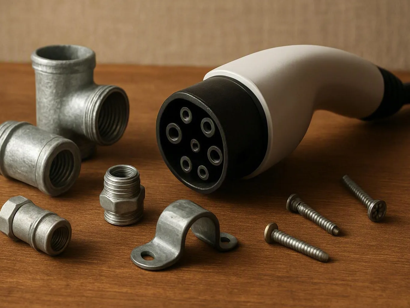 White electric vehicle charging plug beside pipe fittings, screws, and a cable