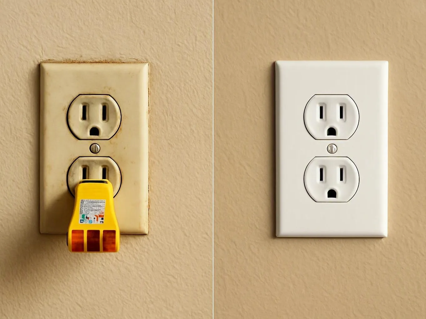 Side-by-side comparison of a dirty wall outlet and clean replacement outlet