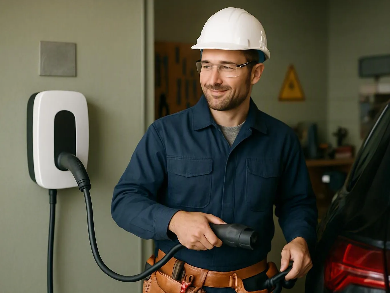 Worker in a hard hat plugs an electric vehicle charger into a black car