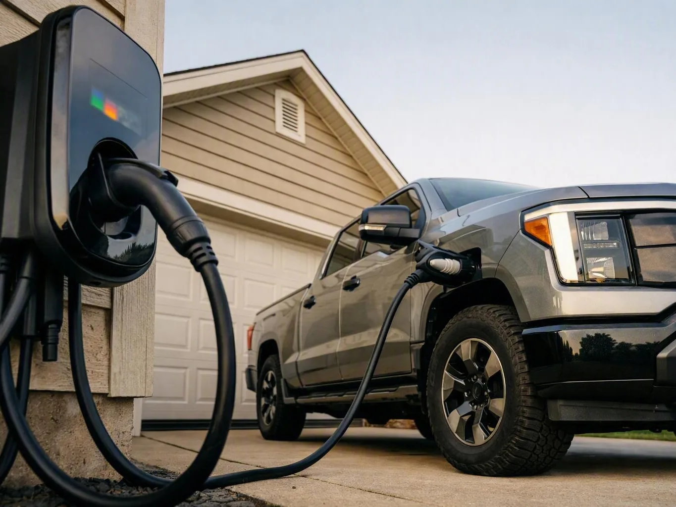 Silver electric pickup truck connected to a wall charger in a suburban driveway