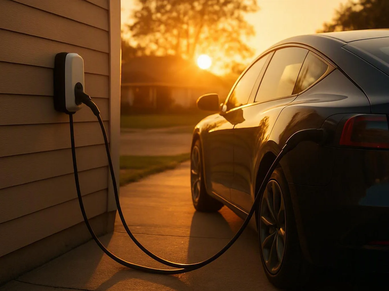 Black electric car charging from a wall-mounted station on a driveway at sunset