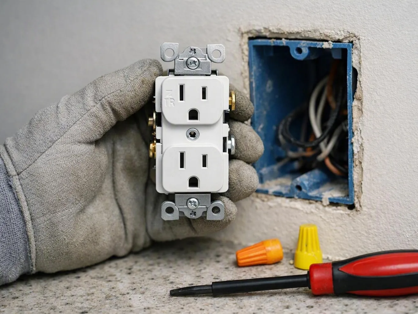 Gloved hand holding a white duplex outlet beside a blue wall box and screwdriver