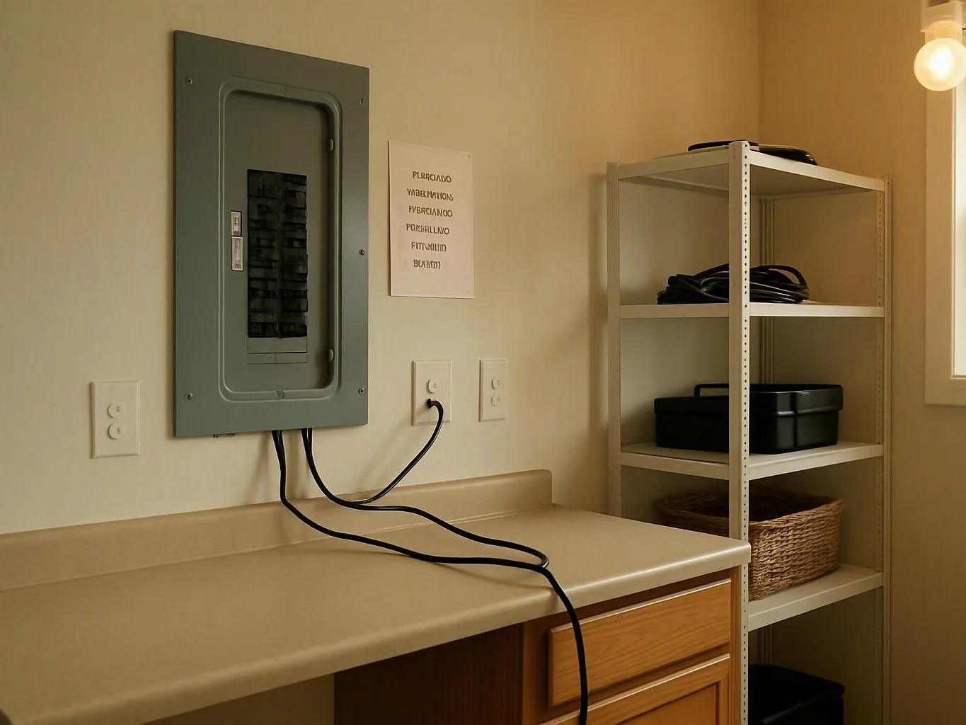 Utility room with an electrical panel, hanging cords, and metal shelving filled