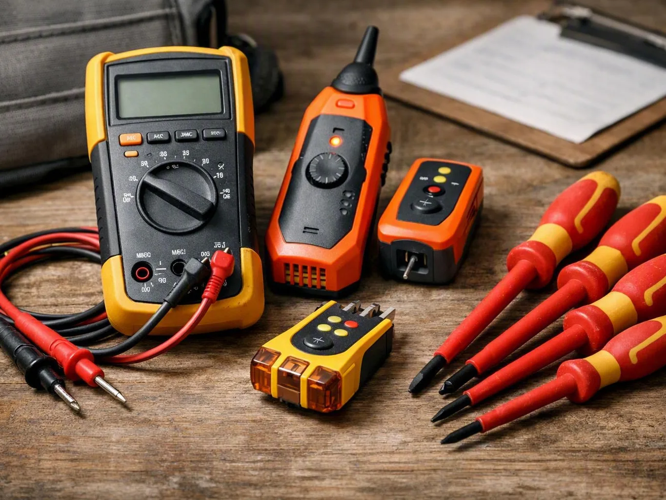 Digital multimeter, voltage tester, and screwdrivers arranged on a wooden — Can You Install a GFCI Outlet near Me in Fort...