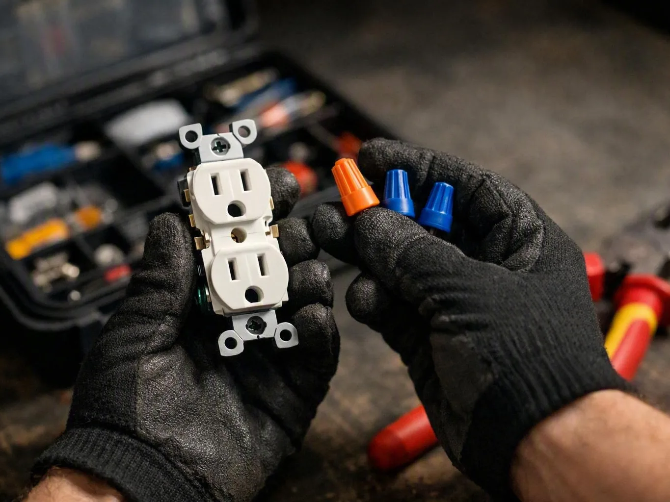 Gloved hands holding a white electrical outlet and colored wire nuts beside an