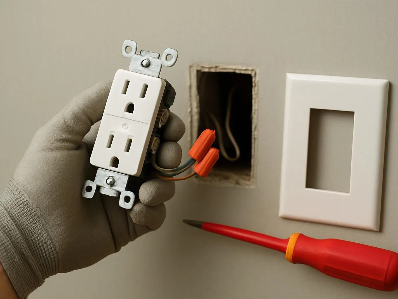 Gloved hand holds a wired electrical outlet beside an open wall box