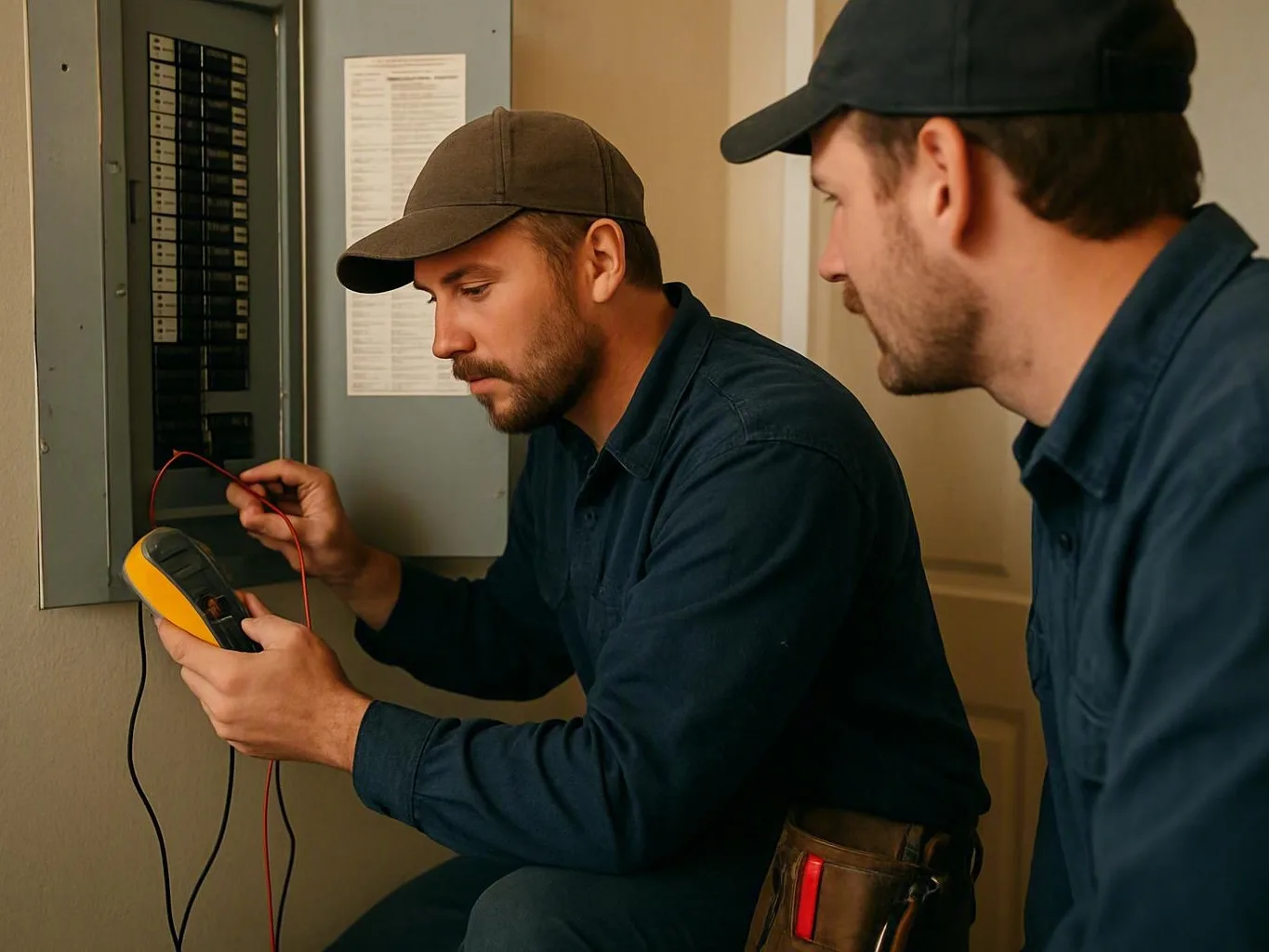 Two electricians inspect wires inside a breaker panel using a handheld meter