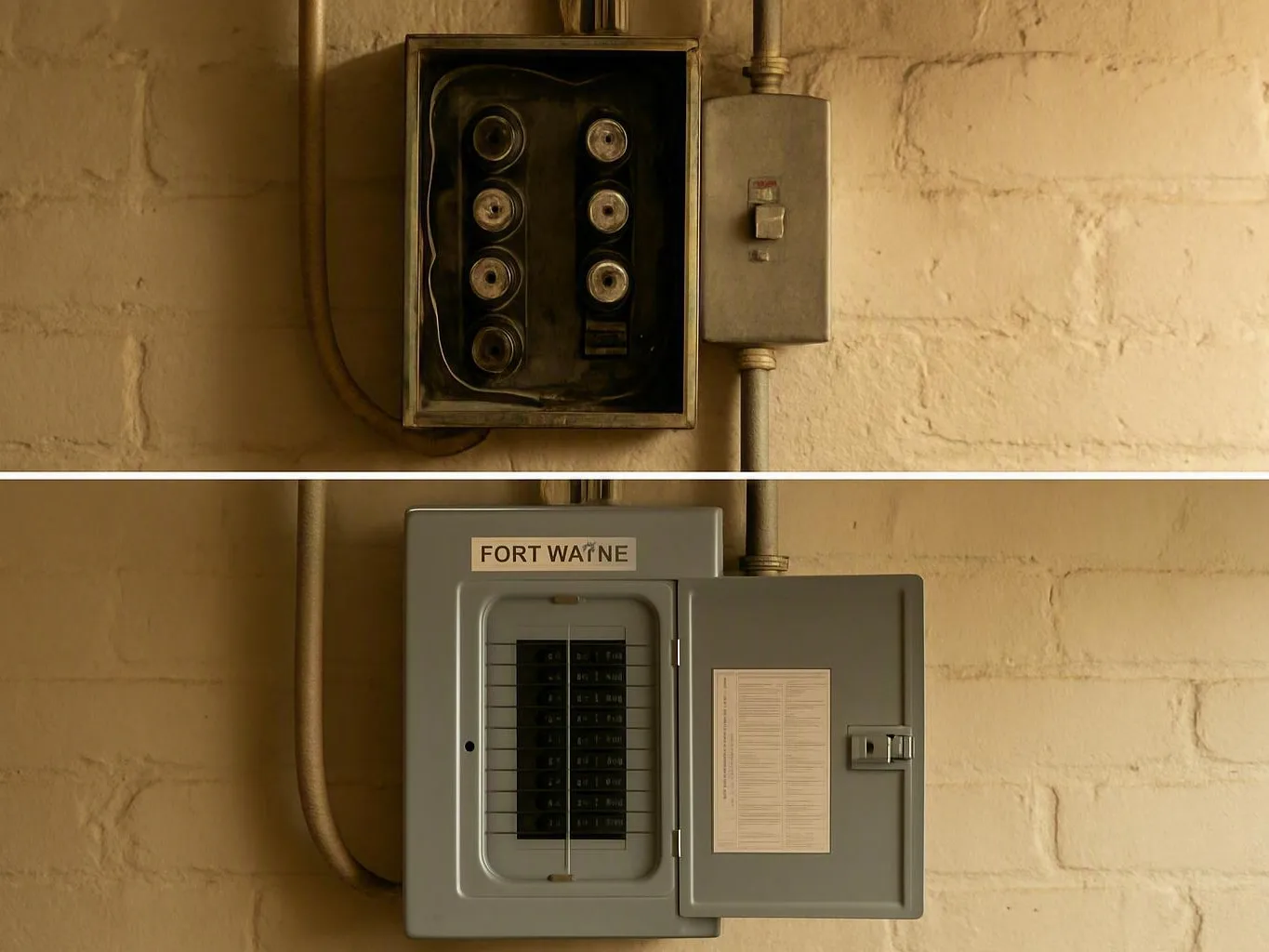 Two electrical breaker panels with metal conduit mounted on a beige brick wall