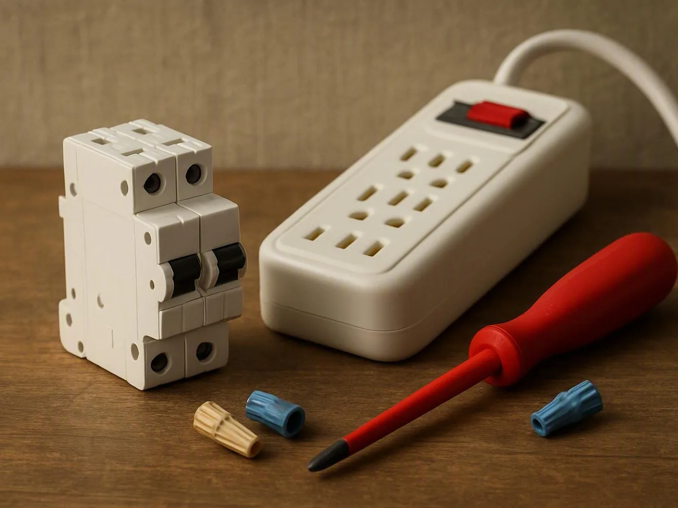 White breaker, power strip, screwdriver, and wire connectors arranged on a