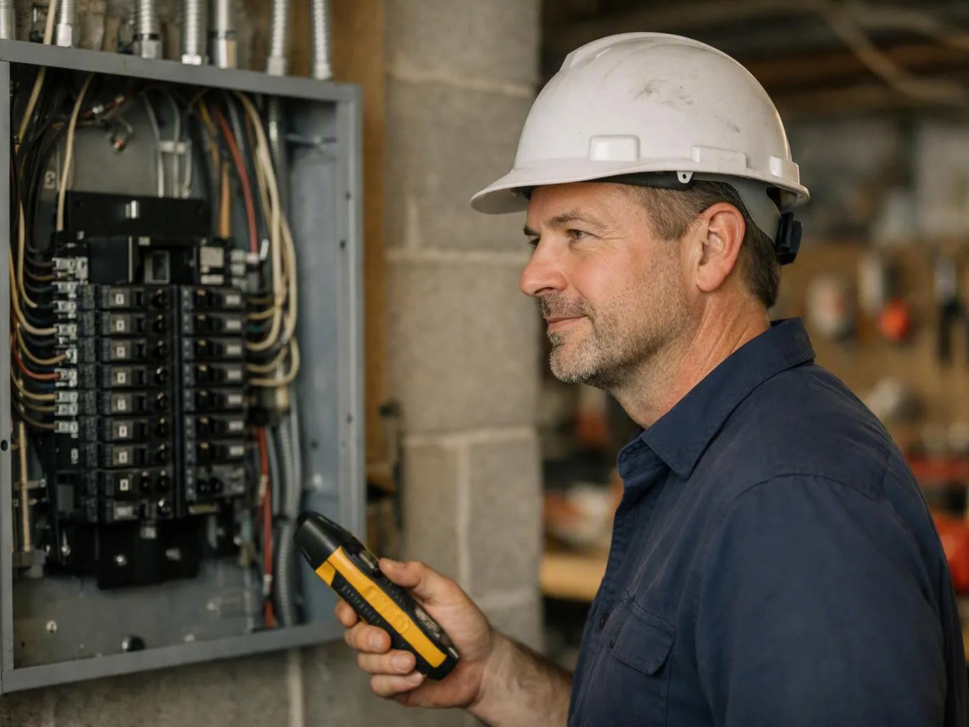 Electrician in a hard hat inspects an open breaker panel with a handheld tool