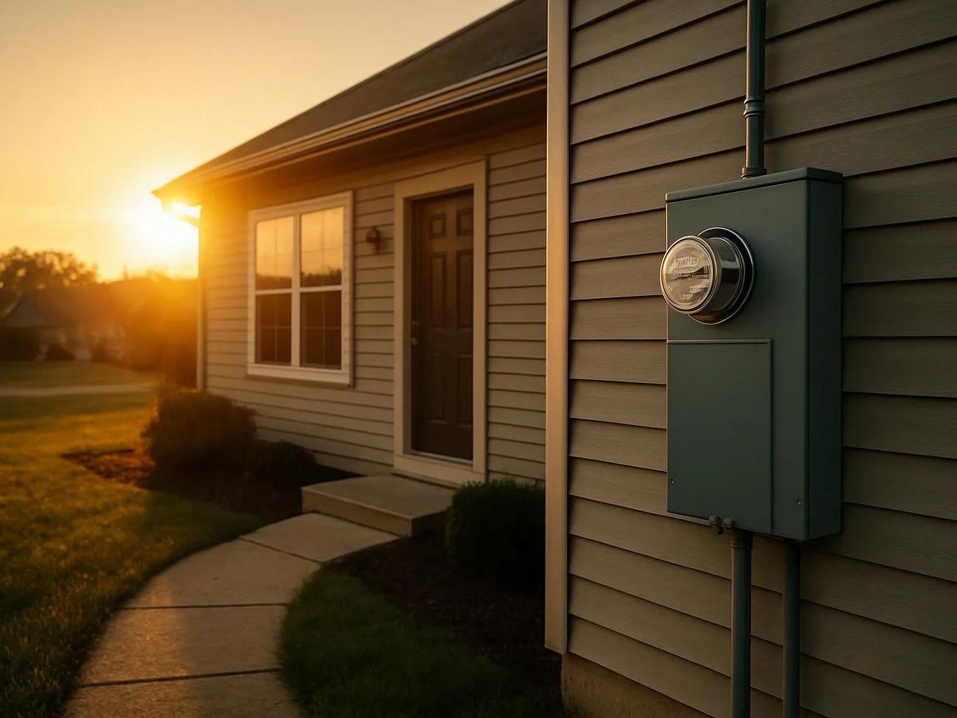 House exterior at sunset with an electric meter, door, window, and curved