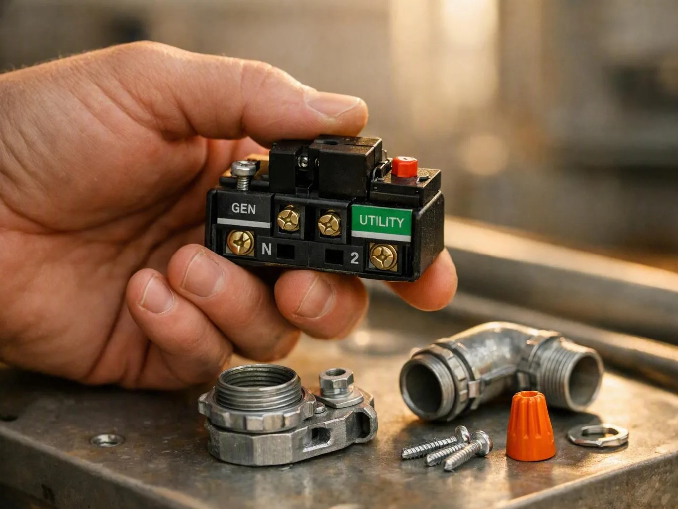 Hand holding a black GEN and UTILITY electrical switch module above metal