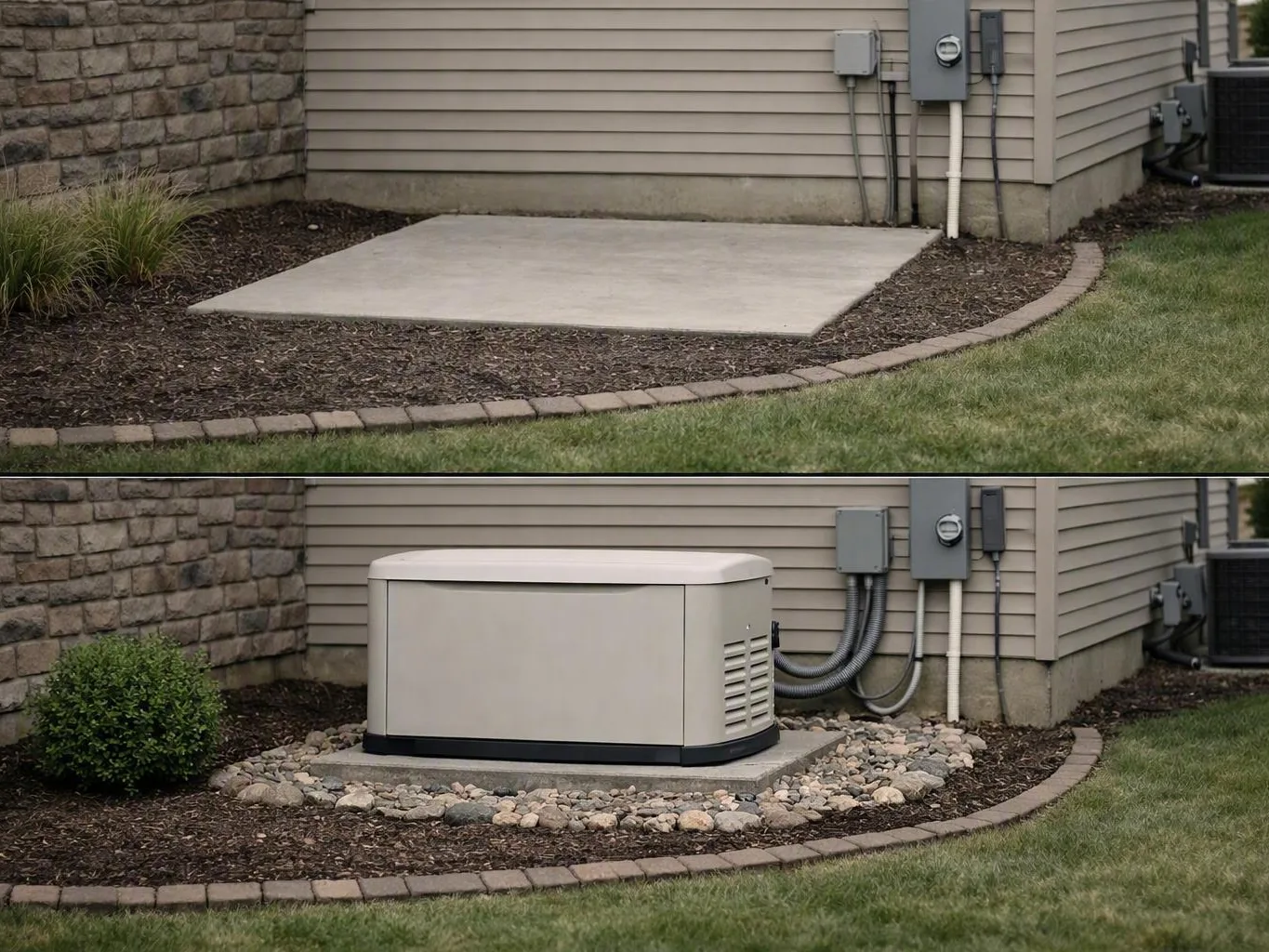 Backup generator installed on a concrete pad beside a house, surrounded by — What Happens During a USB Outlet Installation...