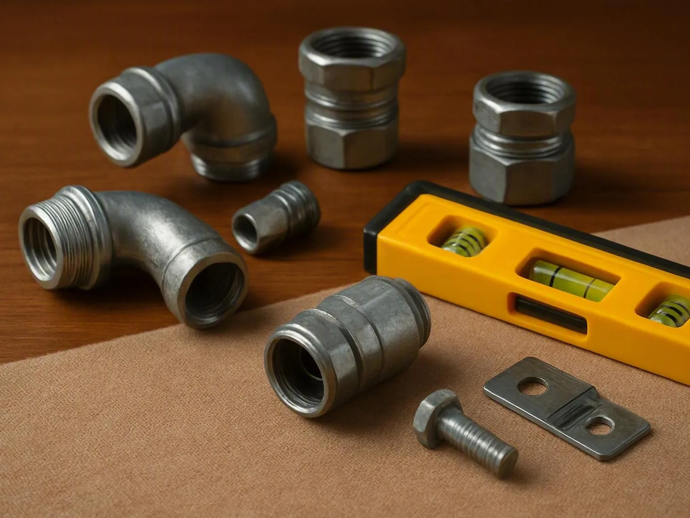 Metal pipe fittings, bolt, plate, and yellow spirit level arranged on a wooden