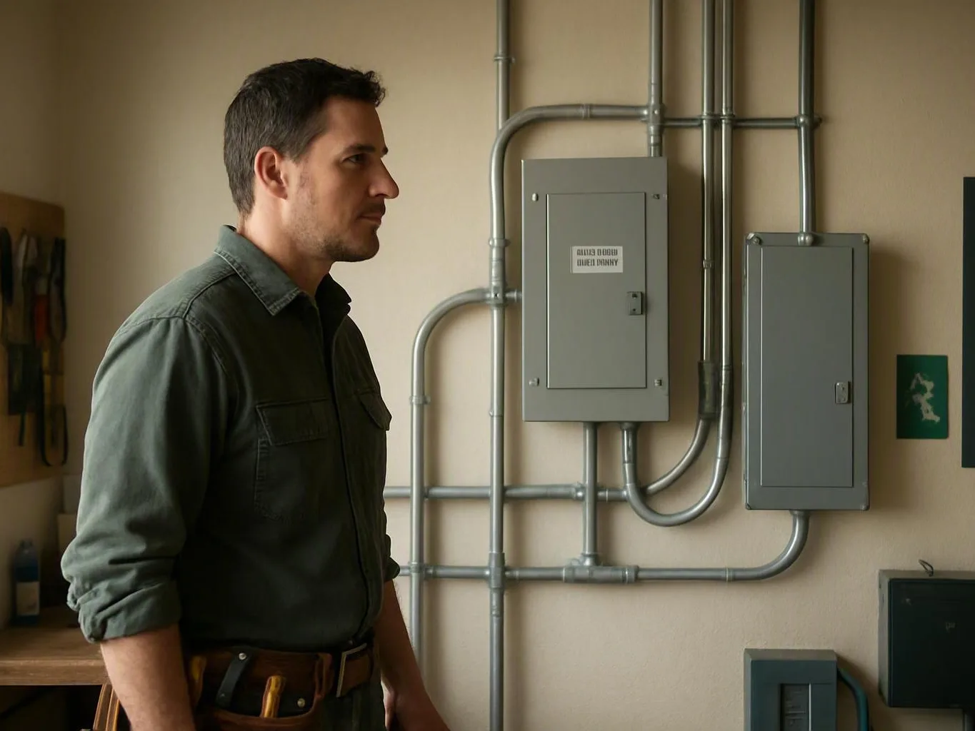 Electrician standing beside gray electrical panels and exposed metal conduit