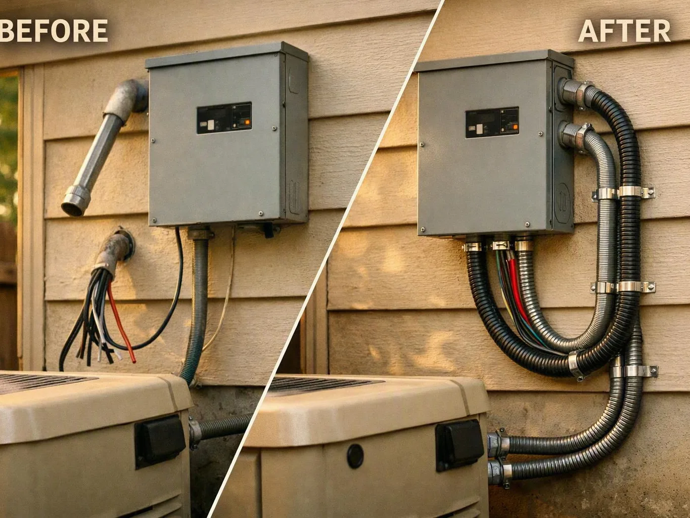 Split view showing loose electrical wires before and neatly bundled conduit