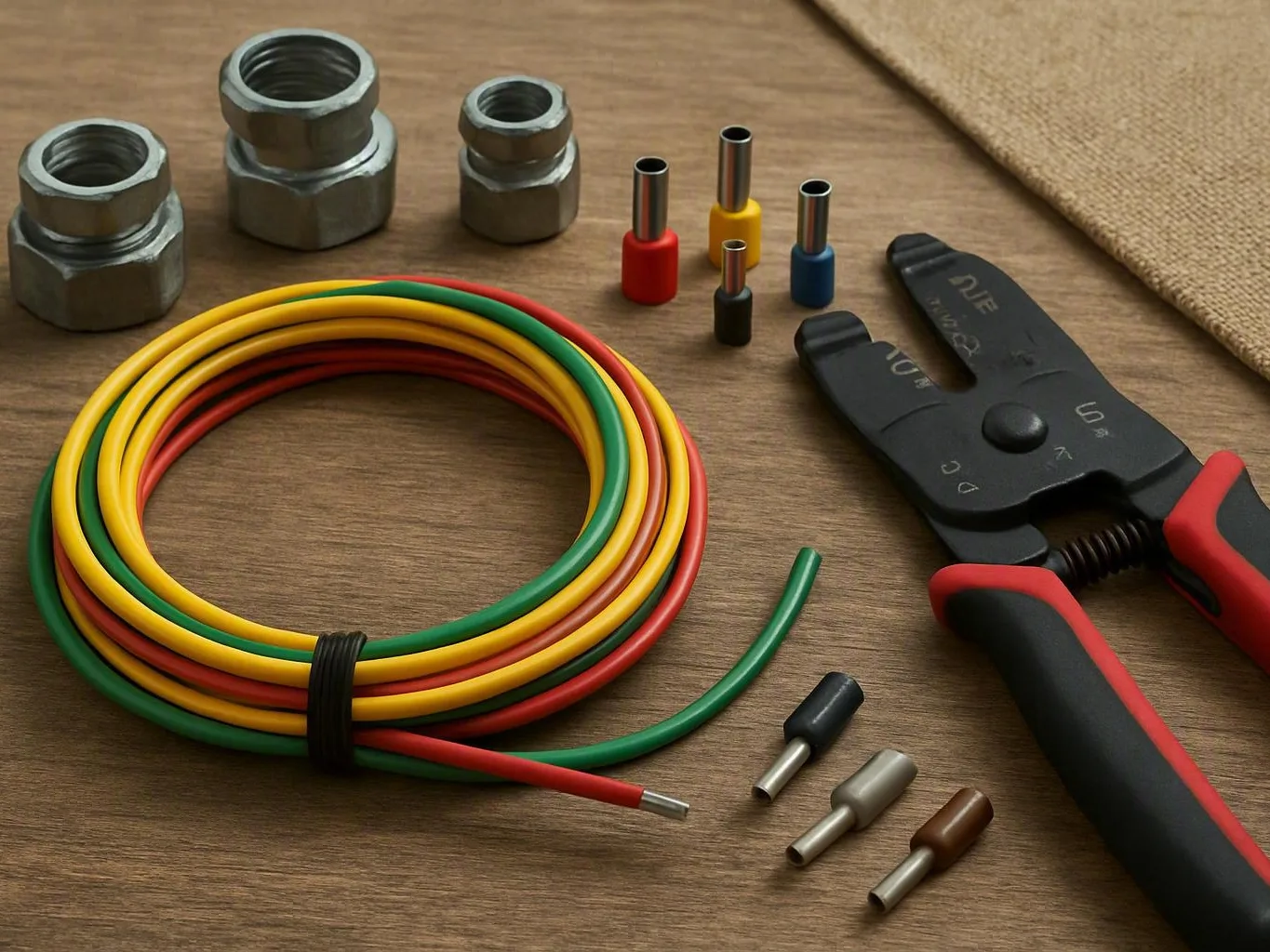 Electrical crimping tools, colored wires, ferrules, and metal nuts on a wooden