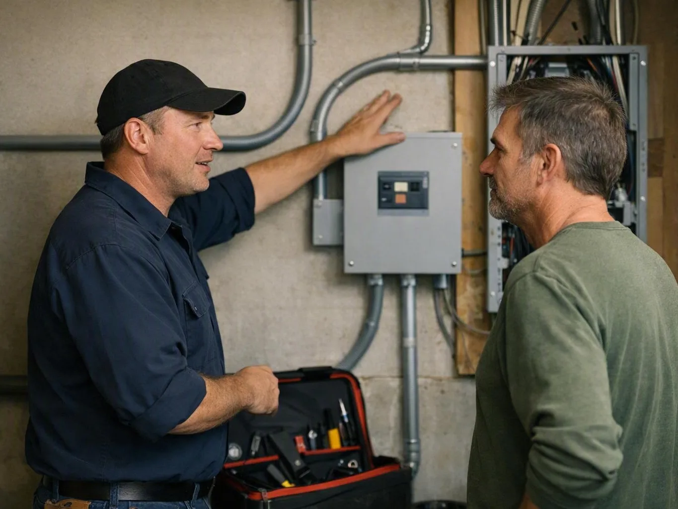 Two electricians discussing work beside a basement electrical panel and open