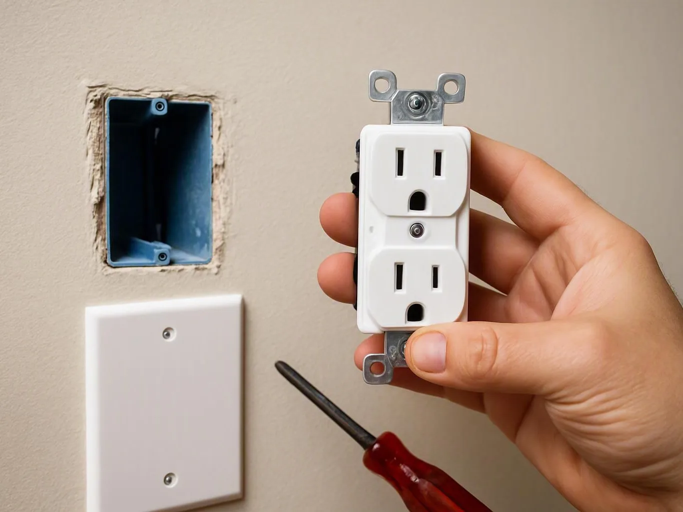 Hand holding a white duplex outlet beside an open electrical box and screwdriver