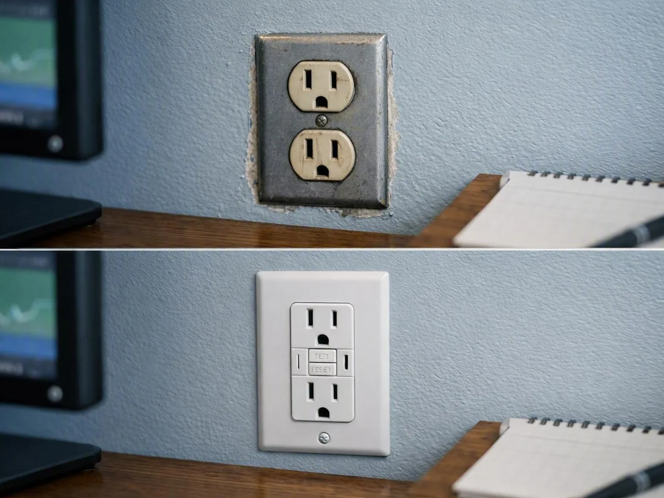 Split image showing an old wall outlet above a new white outlet on a desk corner