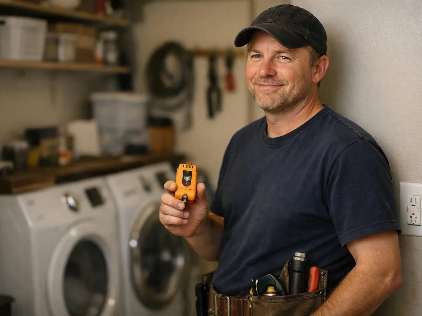 Electrician holding an orange testing device beside a washer and dryer in a