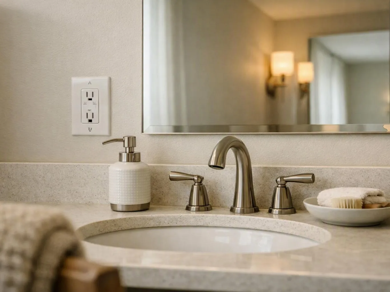 Clean bathroom vanity with sink, chrome faucet, towels, mirror, and wall lights