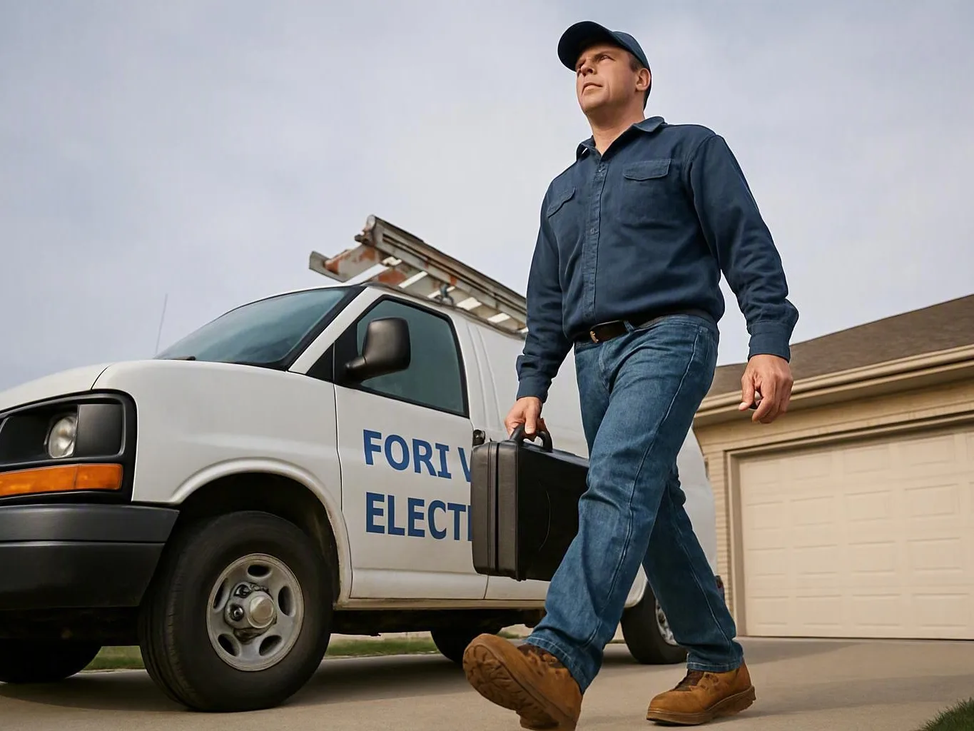 Electrician carrying a black toolbox beside a white utility van in a driveway