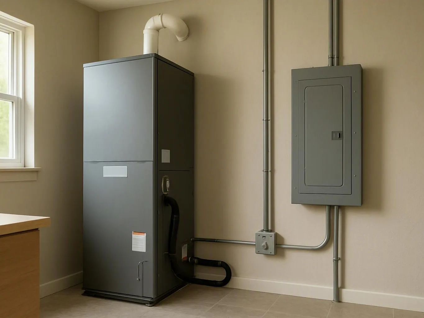 Gray HVAC unit beside electrical panel and metal conduit in a clean utility room