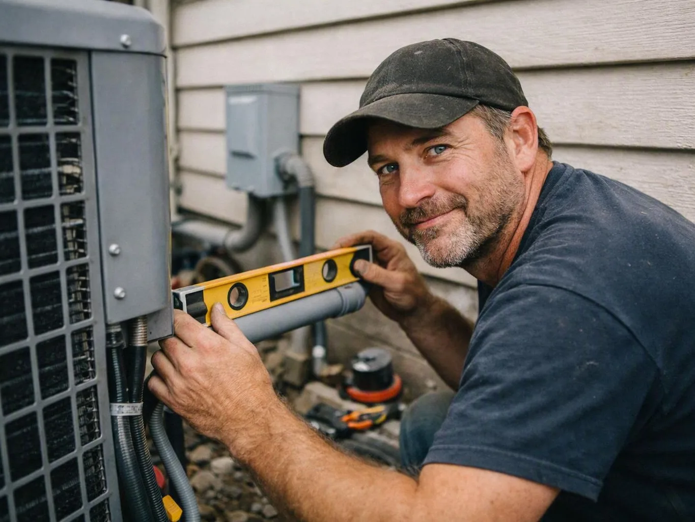 Man in black cap checking outdoor HVAC unit with yellow level beside house wall