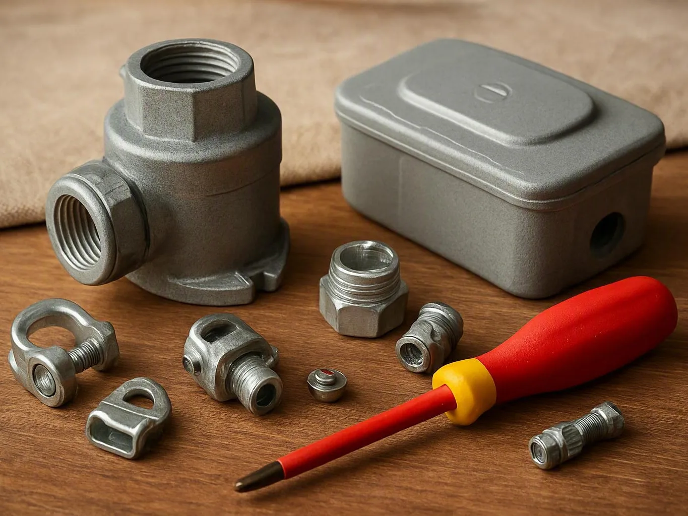 Metal pipe fittings and red-handled screwdriver beside gray electrical box