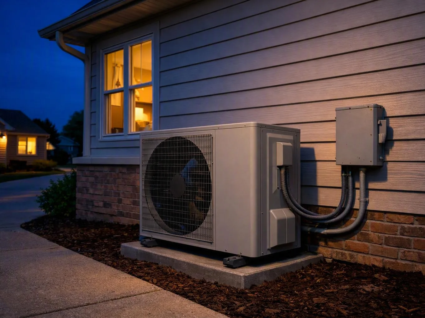 Outdoor air conditioner beside house wall at dusk, with illuminated window above