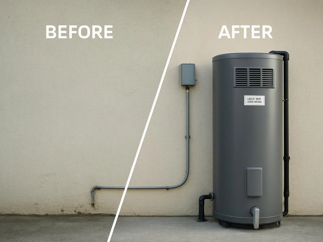 Split before-and-after view of a wall with added pipes and tall gray water