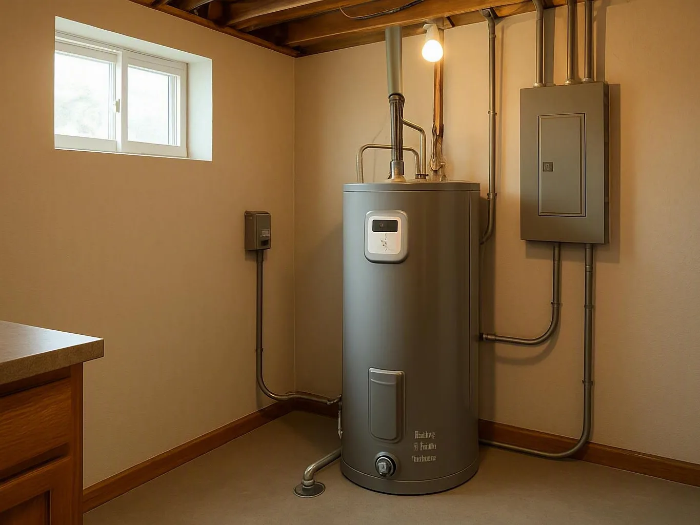 Basement utility room with water heater, electrical panels, exposed pipes, and