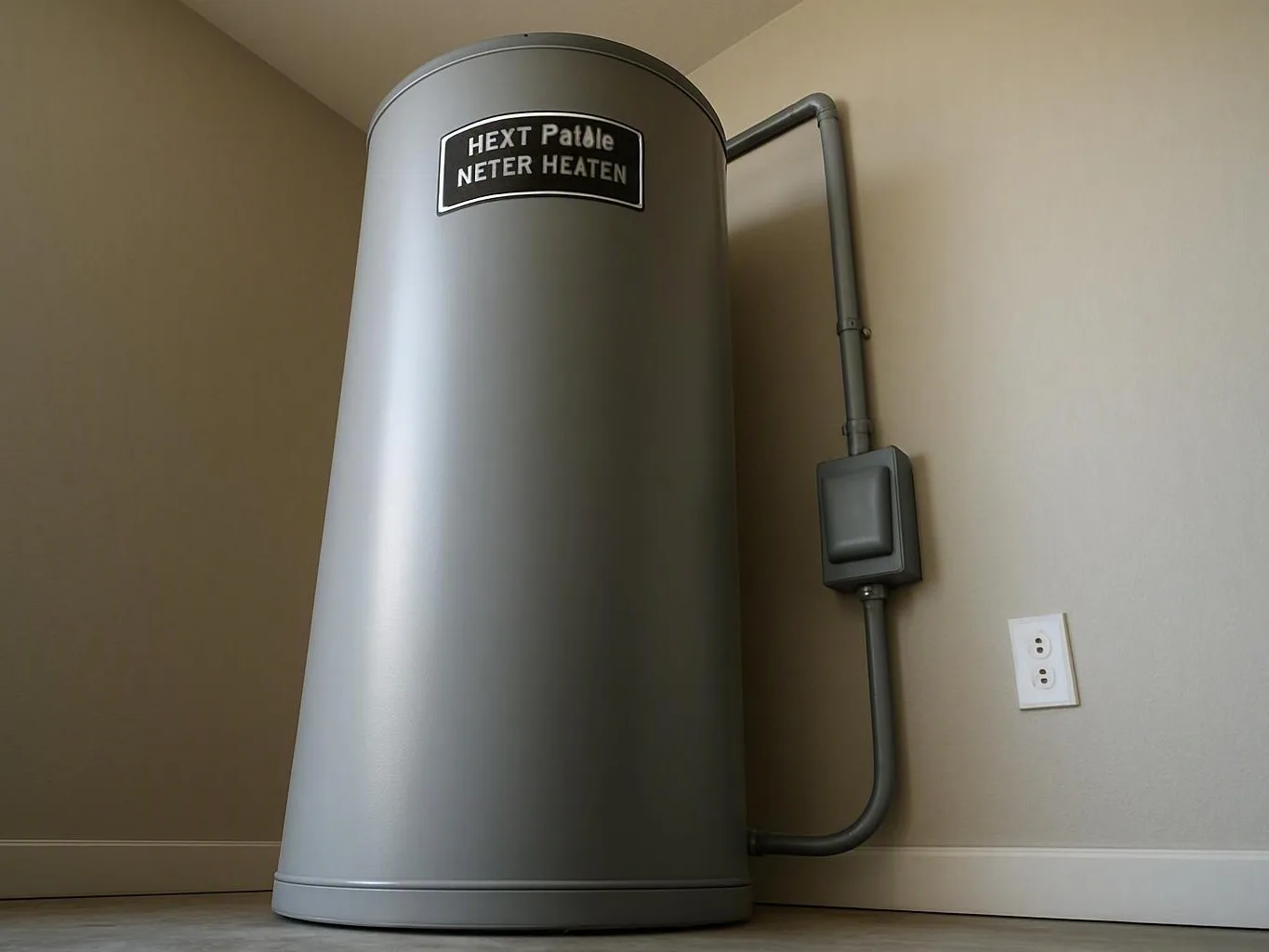 Large gray water heater beside exposed piping and a wall outlet