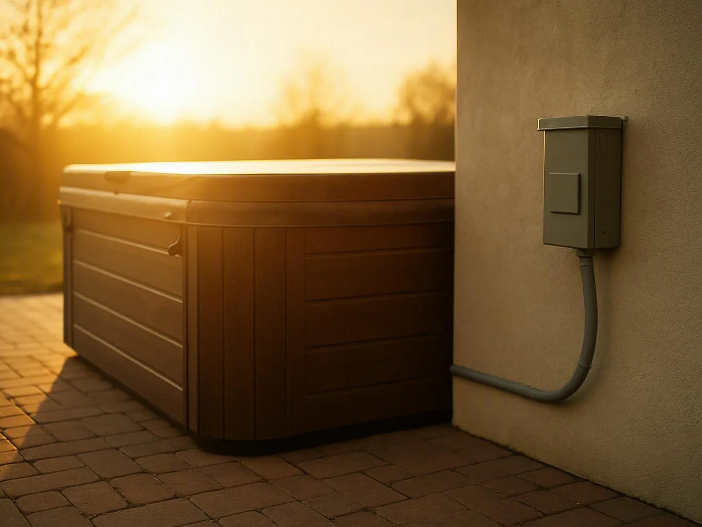 Hot tub beside stucco wall with electrical box and conduit at sunset