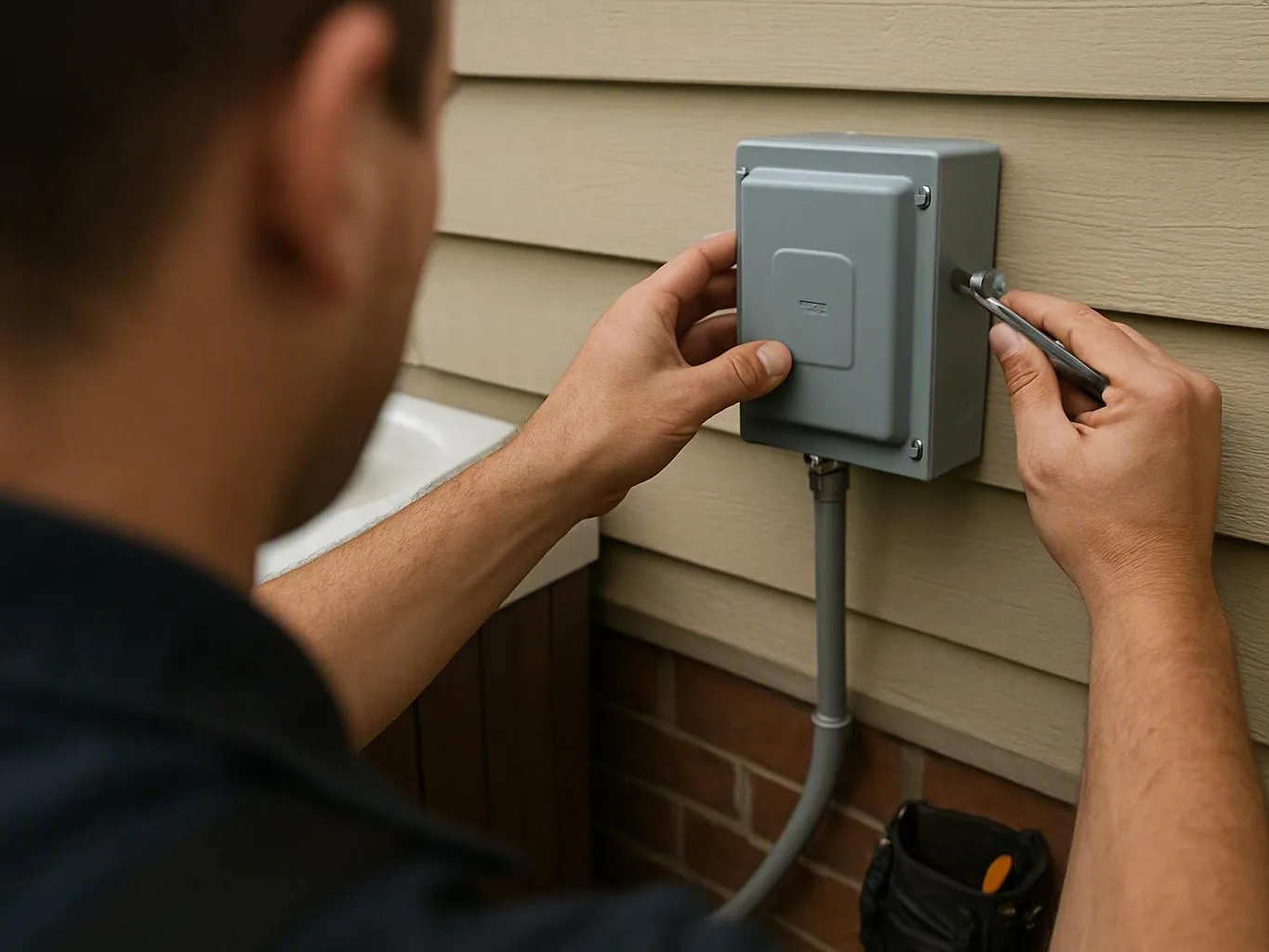 Person tightening a gray outdoor electrical box on a house wall with a