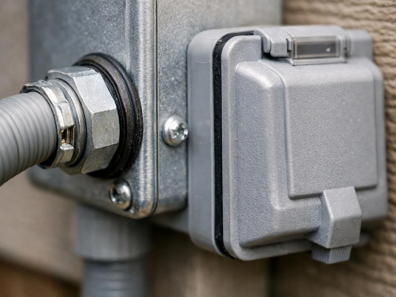 Close-up of gray electrical conduit, cable fitting, and sealed connection box
