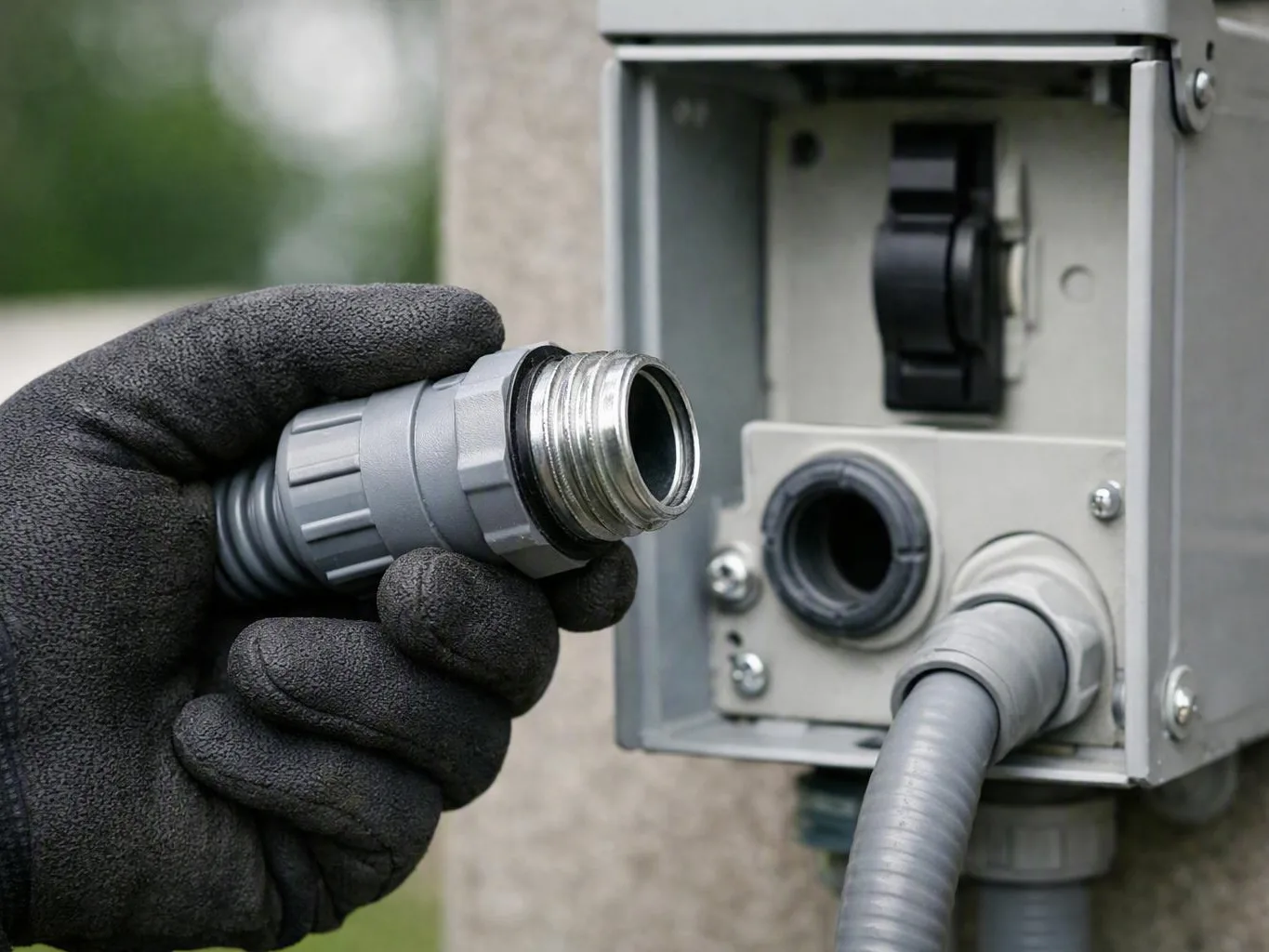 Gloved hand holding a metal connector beside an open electrical box and gray