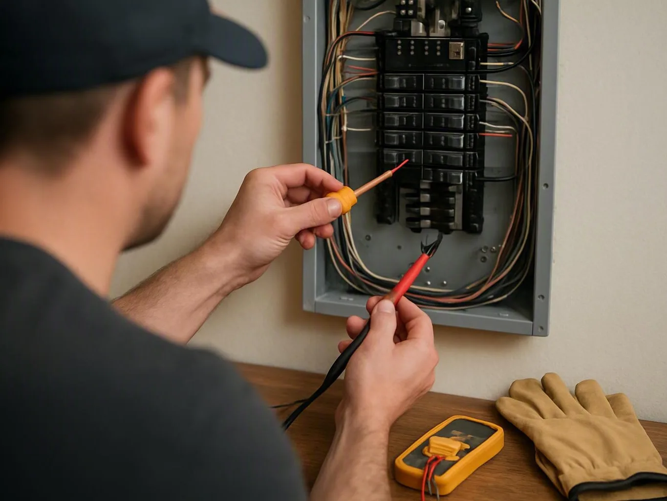 Electrician testing a circuit breaker panel with a screwdriver and probe at a
