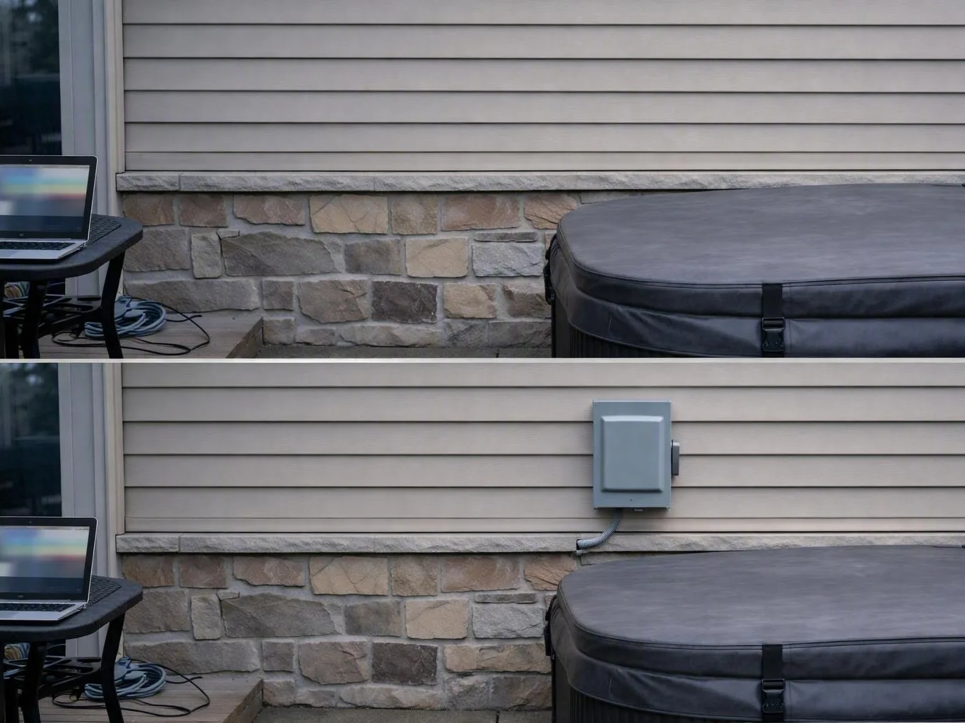 Side-by-side patio comparison with a hot tub, laptop table, and exterior